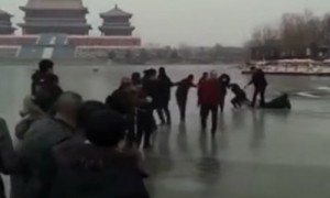 中国好路人！十几名路人手拉手 冰湖救下3条命